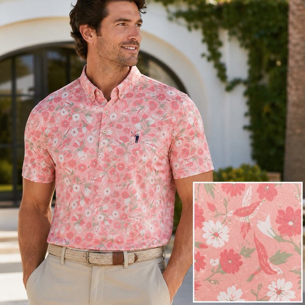 William Murray Golf Floral Performance Polo Shirt Men’s Large Pink Preppy AOP